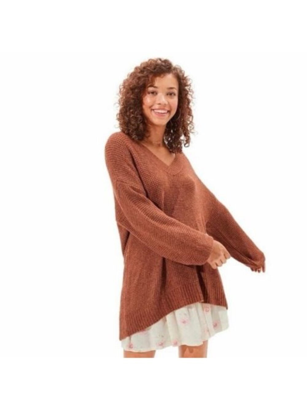 American Eagle Brown Waffle Knit Oversized V Neck Sweater Women’s Small
